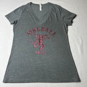Fireball Whiskey Womens V Neck Gray Tee Size XL Short Sleeve